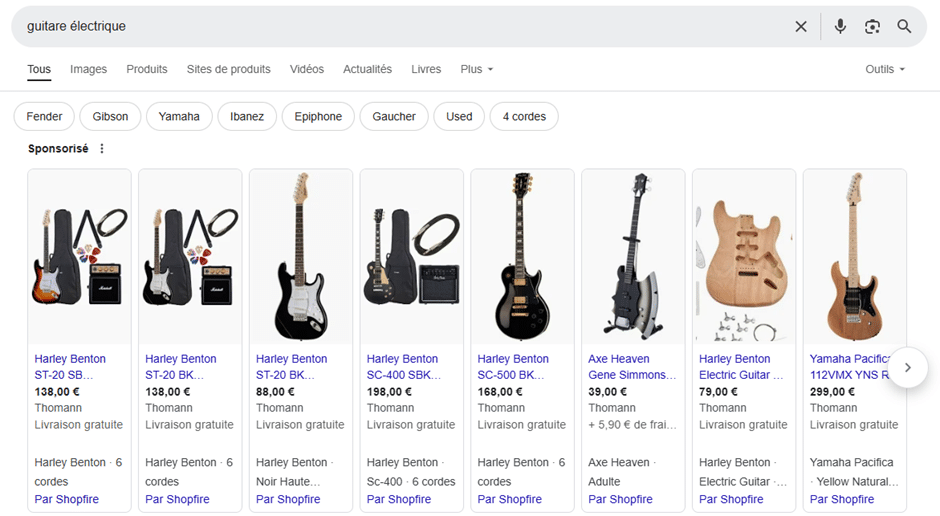 capture d'écran de résultats Google Shopping pour la requête guitare électrique