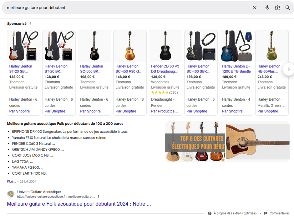 capture d'écran des résultats Google pour la requête meilleure guitare pour débutant